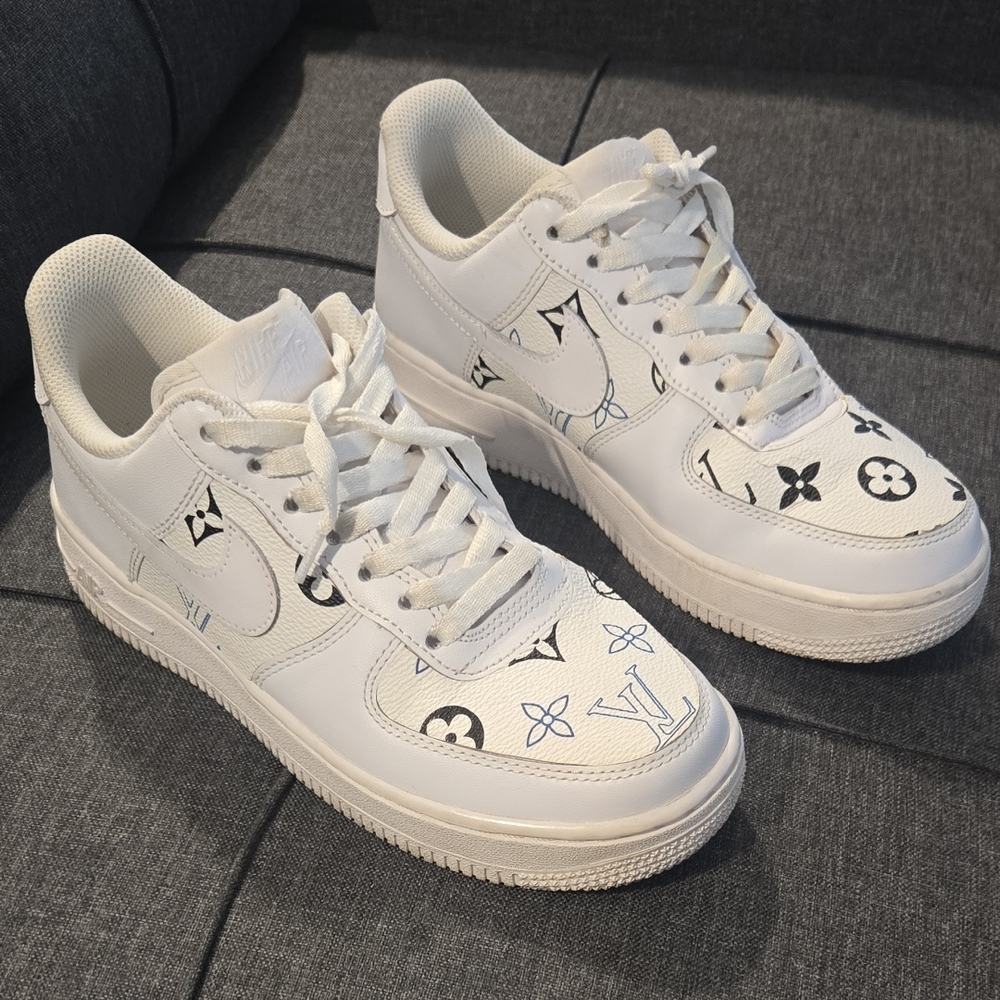 Nike White Custom LV Sneakers with Black Accents